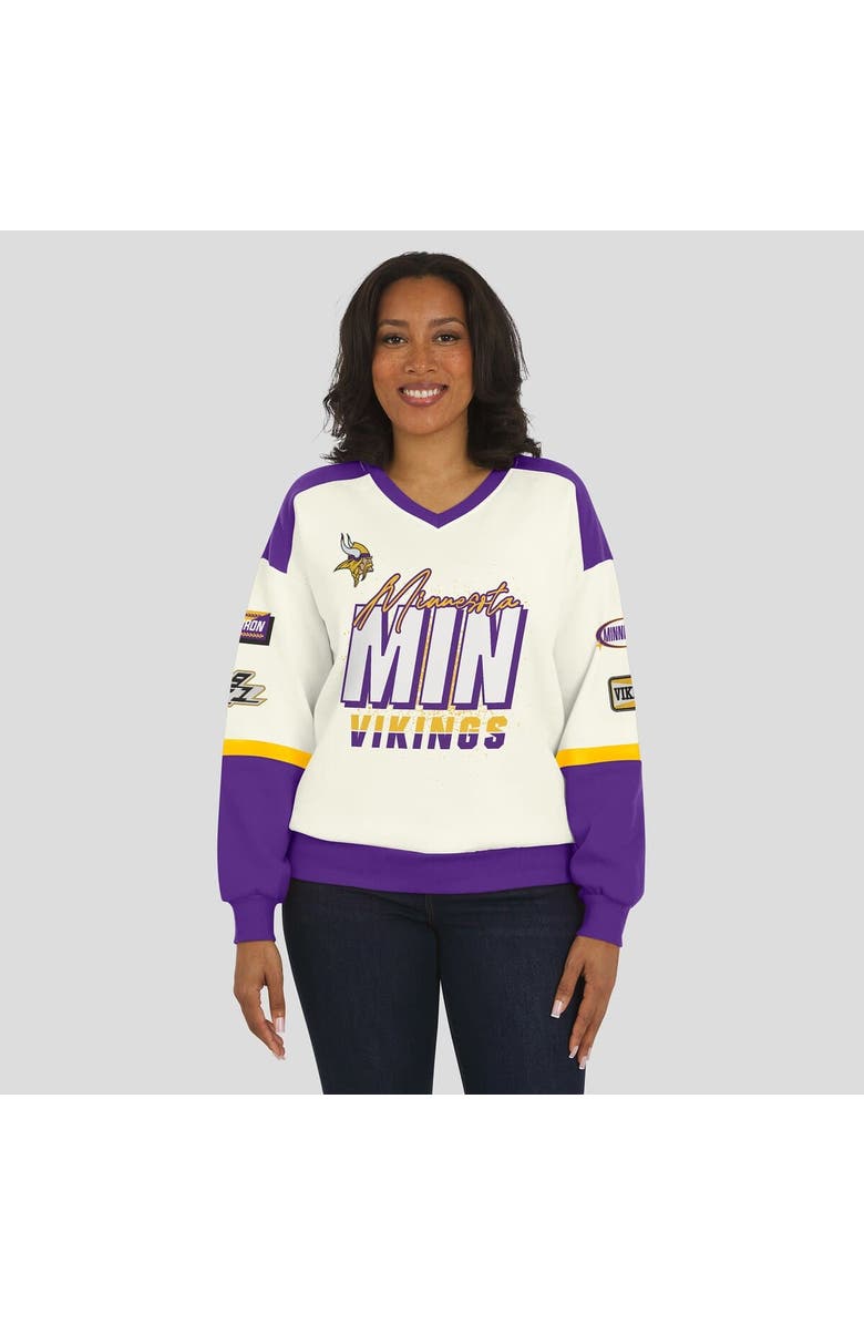 WEAR by Erin Andrews Women's WEAR by Erin Andrews  Cream Minnesota Vikings Racing Crew V-Neck Sweatshirt, Alternate, color, Cream