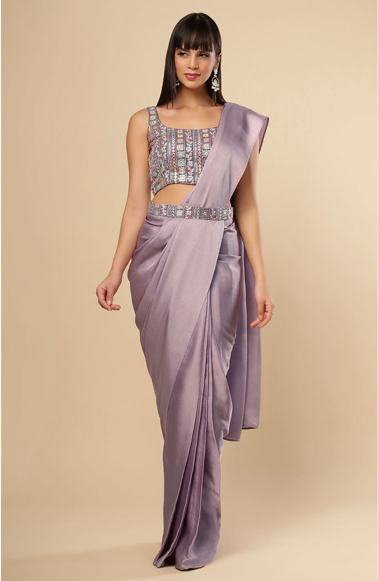 One Minute Saree<sup>®</sup> Neri Violet Grey Crepe Satin Ready To Wear Saree, Main, color, 