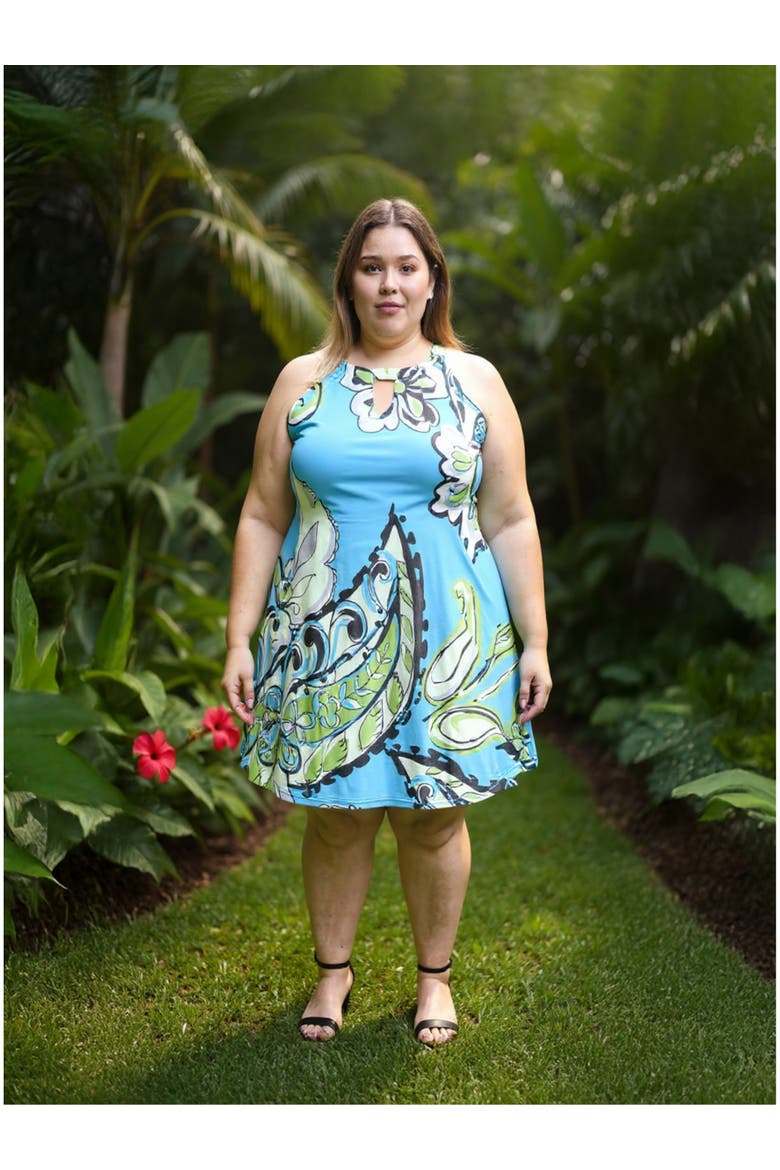 Plus Size Paisley Knee Length Paisley Sleeveless Keyhole Dress, Alternate, color, Blue Multi