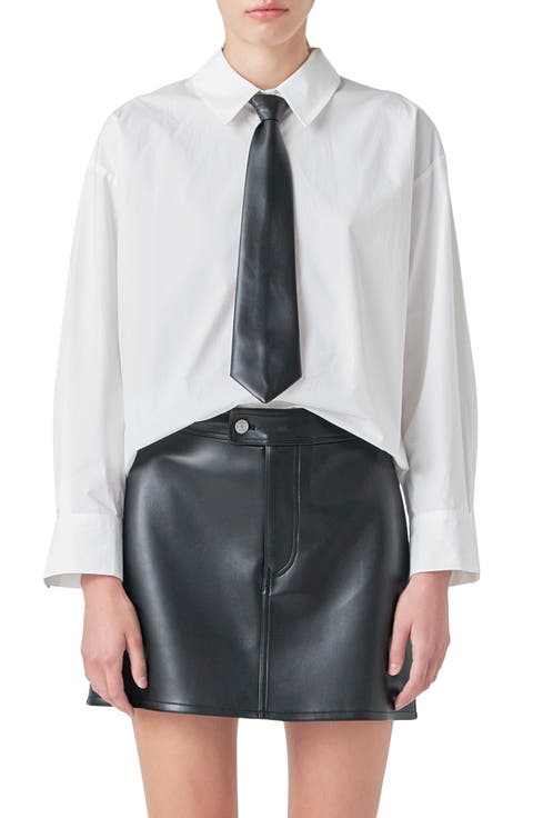 Faux Leather Necktie Button-Up Shirt