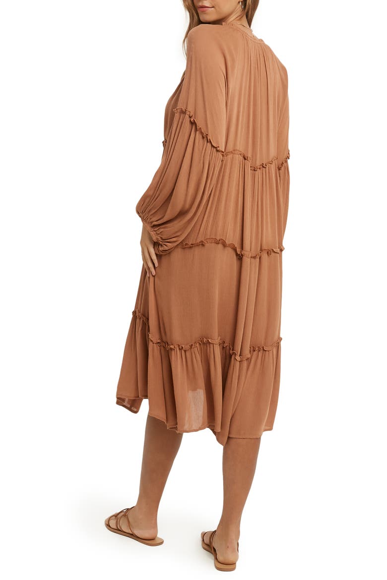 Notched Neck Long Sleeve Tiered Dress, Alternate, color, Brown
