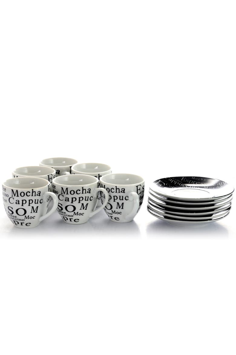Espresso 13 Piece Small 3 oz Stoneware Coffee Cup Set with Wire Saucer Cup Rack, Alternate, color, White