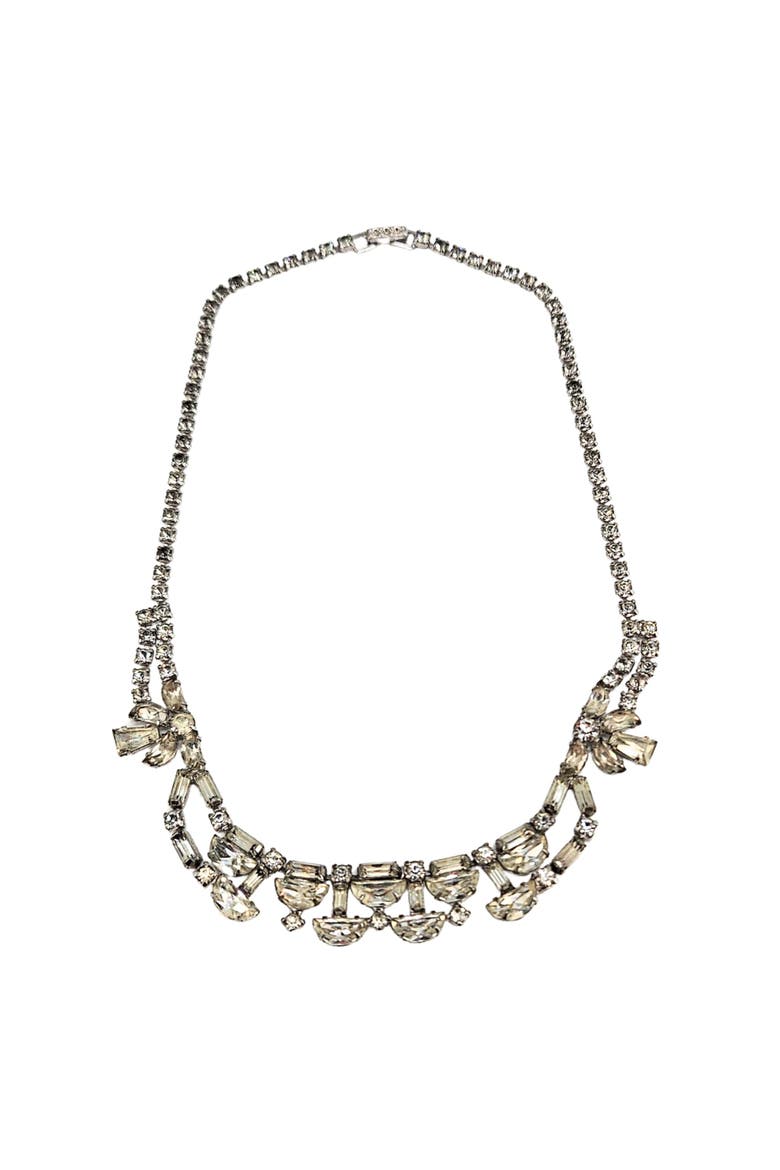 Vintage 1950s Rhinestone Necklace, Main, color, Silver