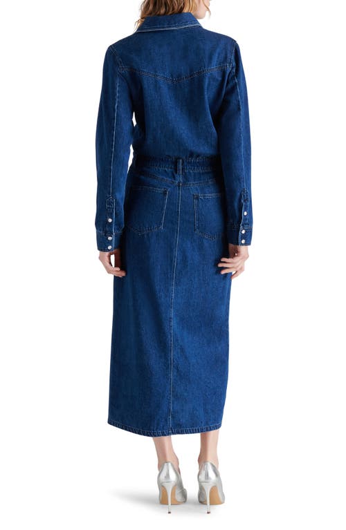 Steve Madden Dakoda Dark Wash Denim Long Sleeve Midi Dress With Pockets In Blue Denim