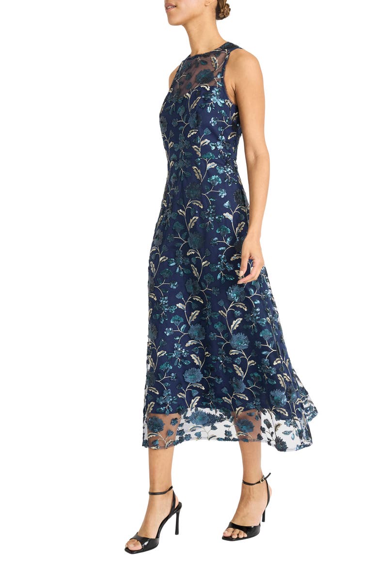 Sequin & Bead Illusion Sleeveless Midi Dress, Alternate, color, NAVY/ SILVER