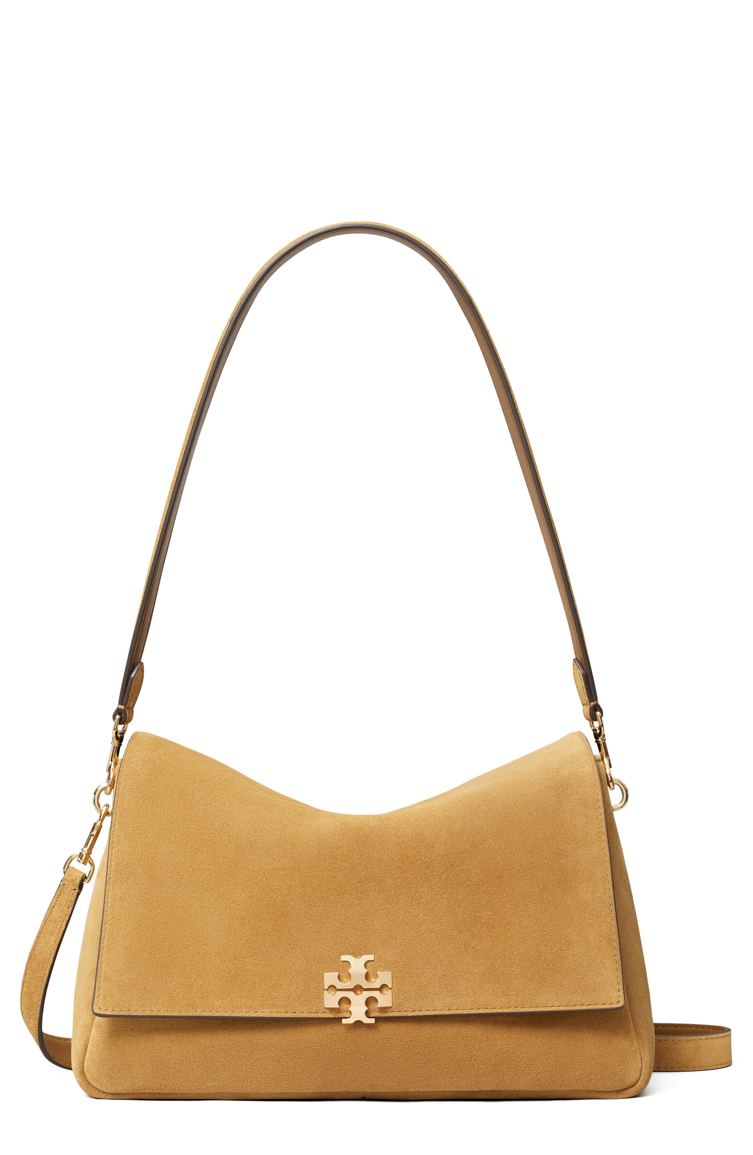 Tory Burch Charlie Suede Shoulder Bag, Main, color, Toffee