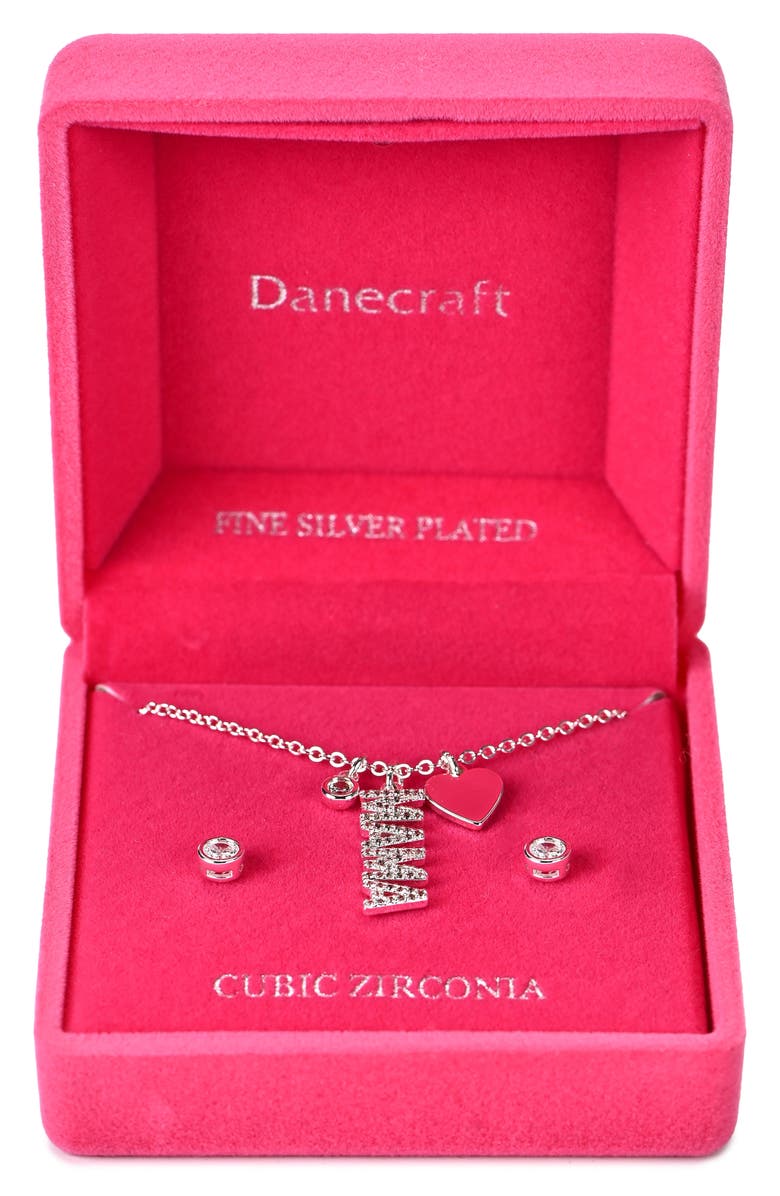 Danecraft Mama Necklace & Cubic Zirconia Stud Earrings Set, Main, color, Metallic Silver