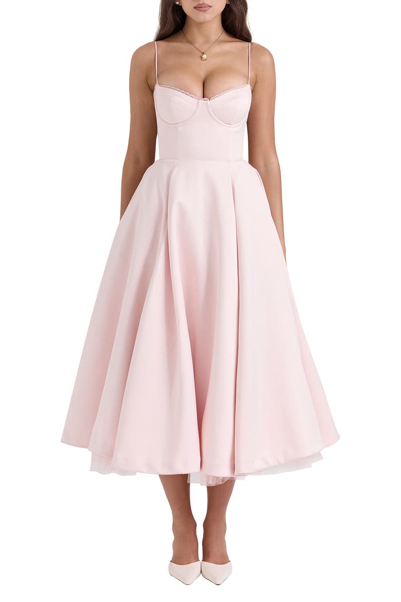 Mademoiselle Bustier Stretch Satin Midi Dress, Main, color, PINK SALT