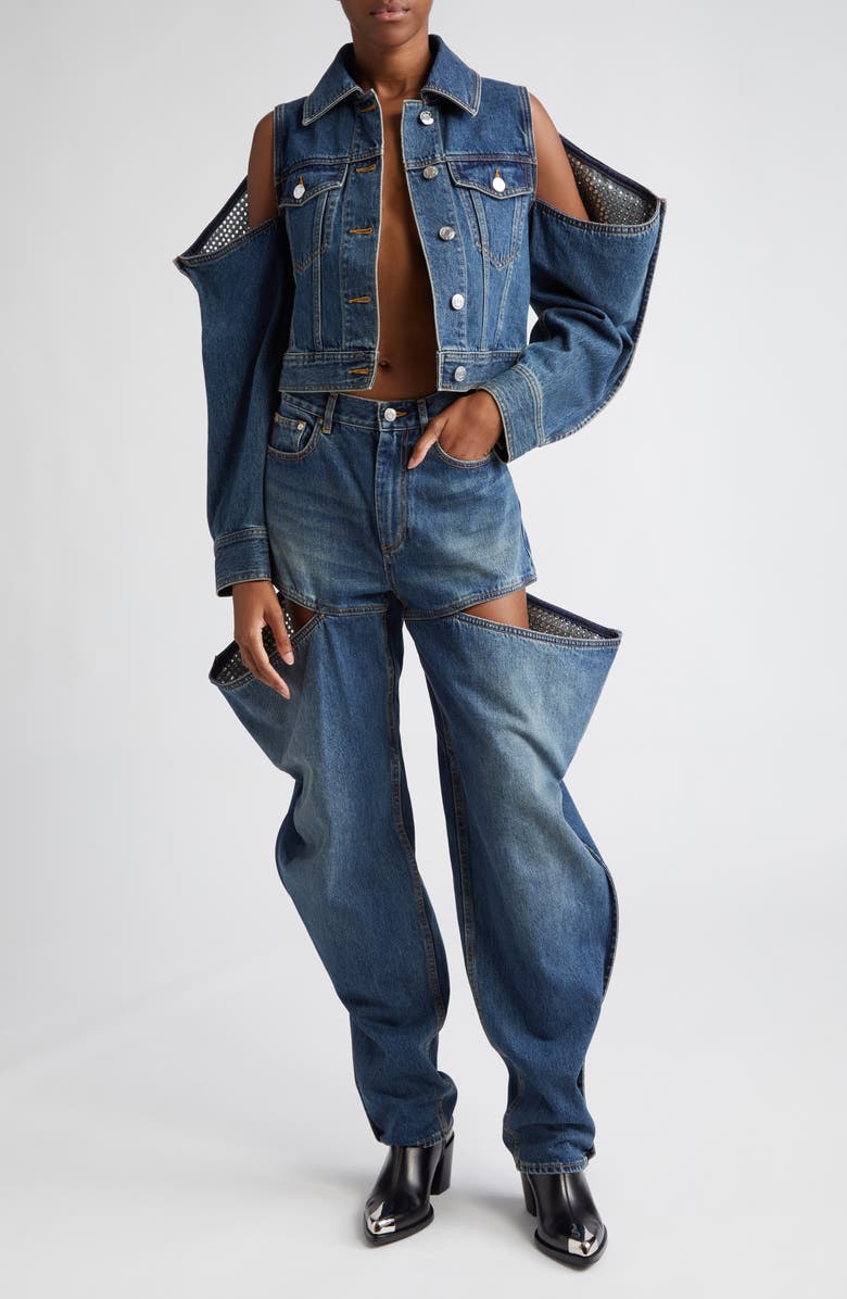 Area Crystal Cutout Sleeve Denim Jacket, Alternate, color, 