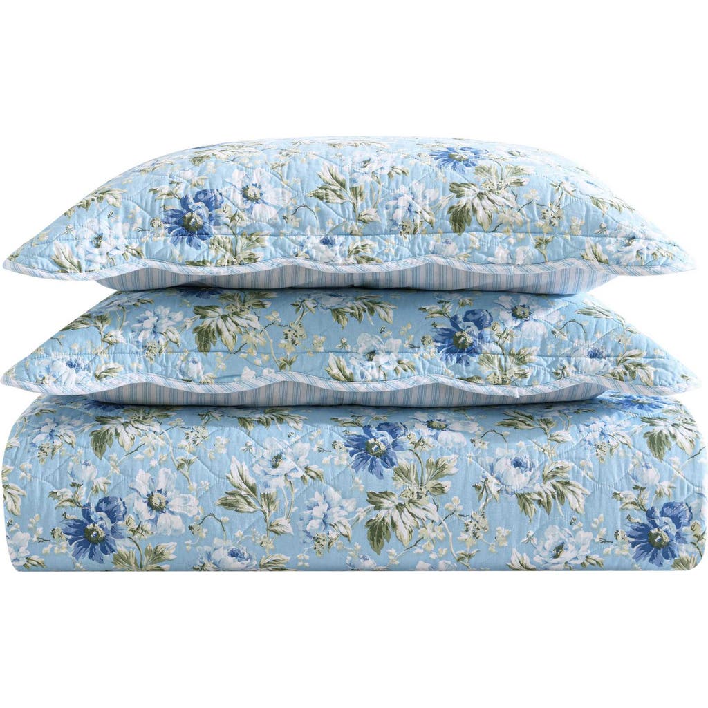 Laura Ashley Peony Garden Quilt & Sham 3-piece Set In Light Blue/green