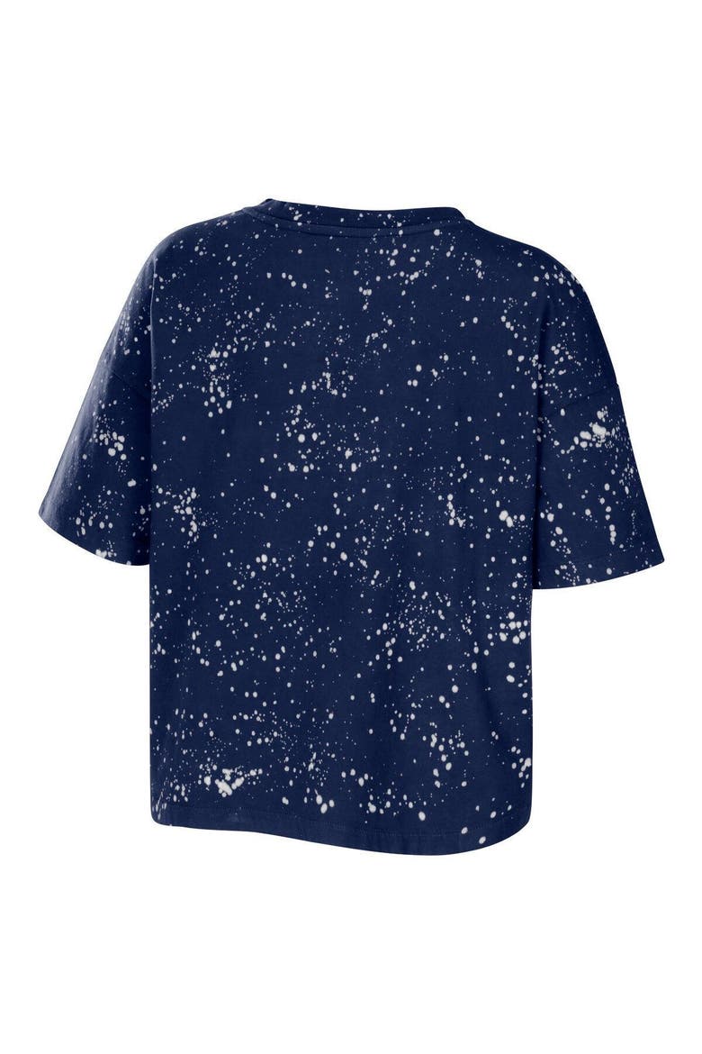 Women's WEAR by Erin Andrews Navy Michigan Wolverines Bleach Wash Splatter Cropped Notch Neck T-Shirt, Alternate, color, Navy