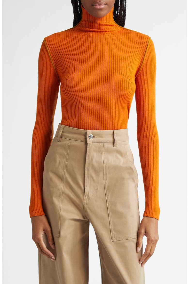 Fitted Virgin Wool Rib Turtleneck Sweater, Main, color, ORANGE