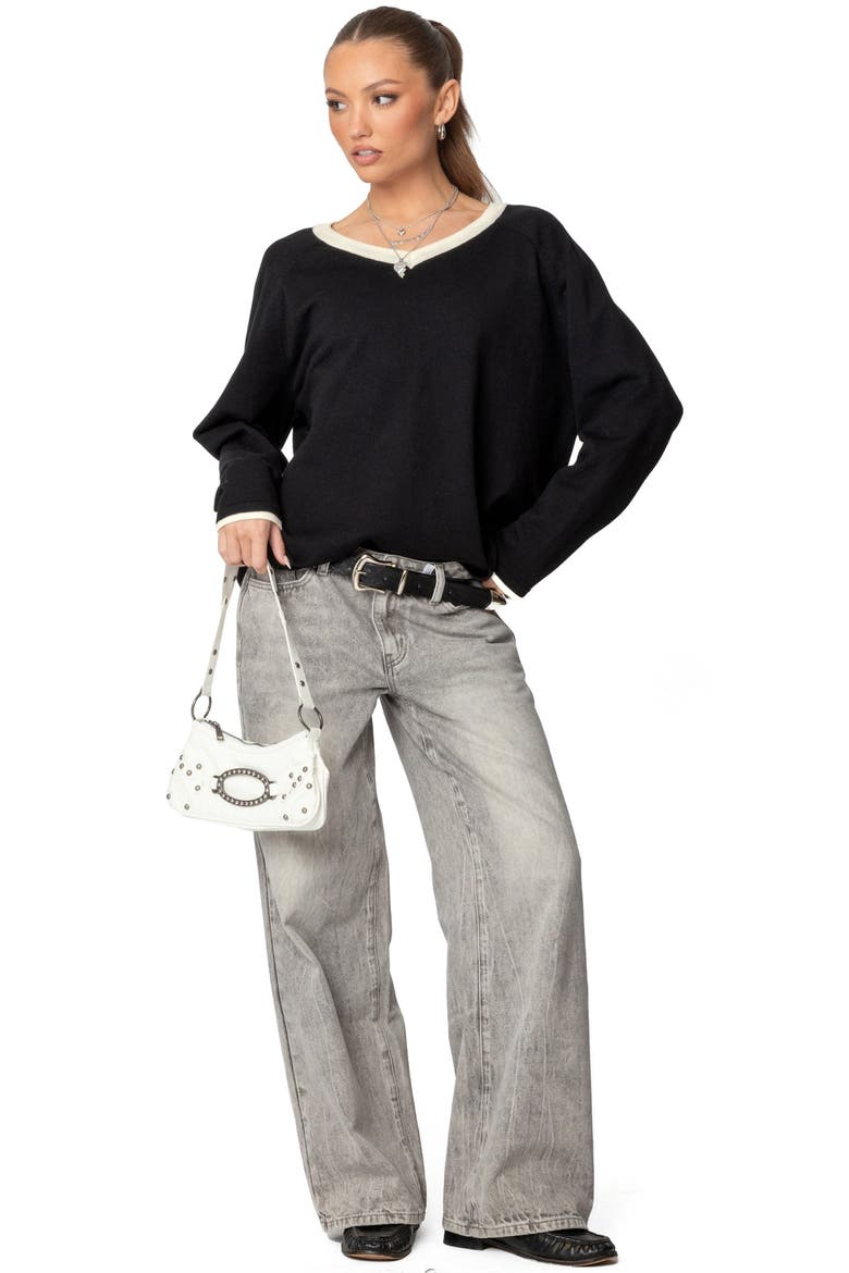 Contrast V-Neck Sweater, Alternate, color, BLACK