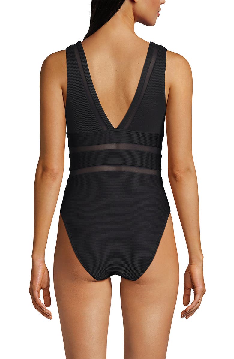 Lands' End Mesh Plunge High Leg One Piece Swimsuit, Alternate, color, Black Ottoman