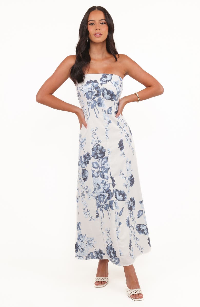 Petal & Pup Tamira Floral Print Strapless Maxi Dress, Alternate, color, Blue Floral