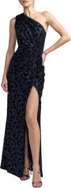 Mac Duggal Floral One Shoulder Sequin Gown With Slit