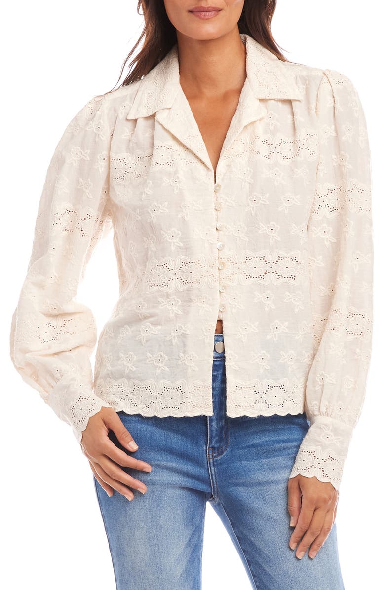 Karen Kane Eyelet Embroidery Button-Up Shirt, Main, color, Cream