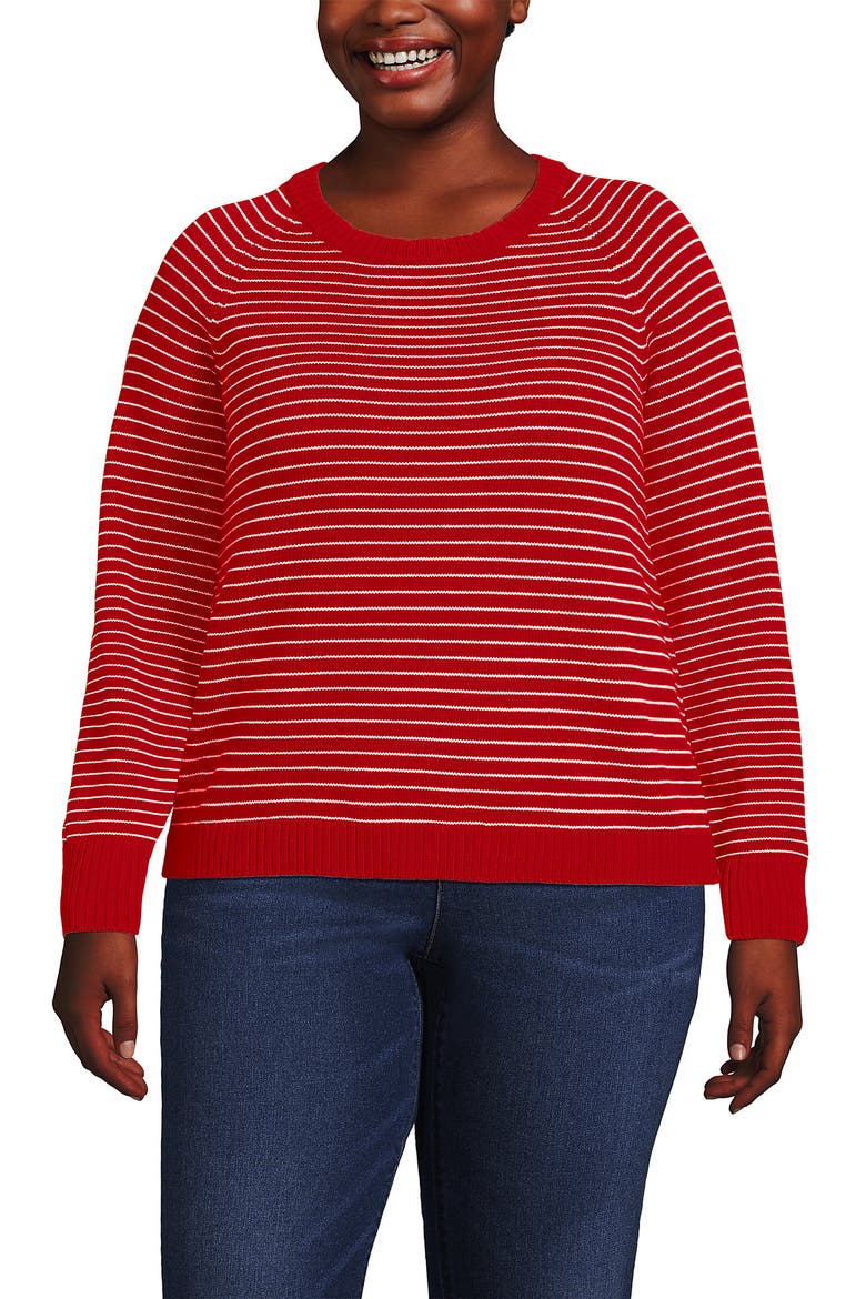 Plus Size Drifter Raglan Crew Sweater, Main, color, Compass Red/Ivory Mini Stripe