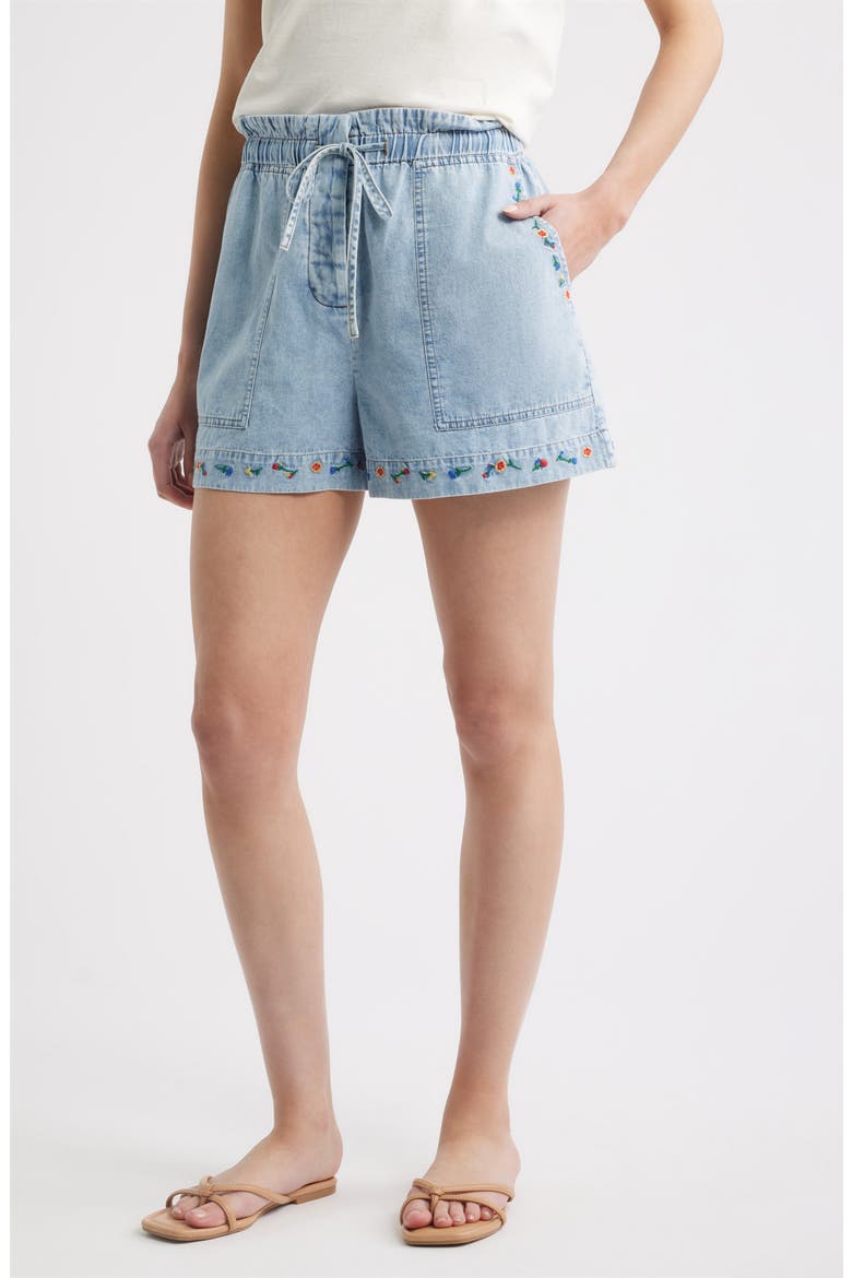 Foster Paperbag Denim Shorts, Main, color, FADED INDIGO FLORAL EMBROIDERY