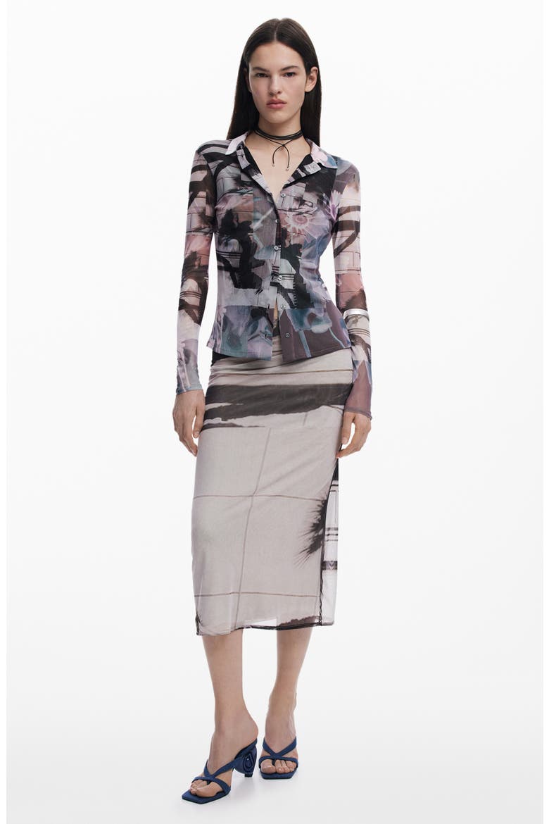 Abstract Print Mesh Button-Up Shirt, Alternate, color, NEUTRAL GRAY