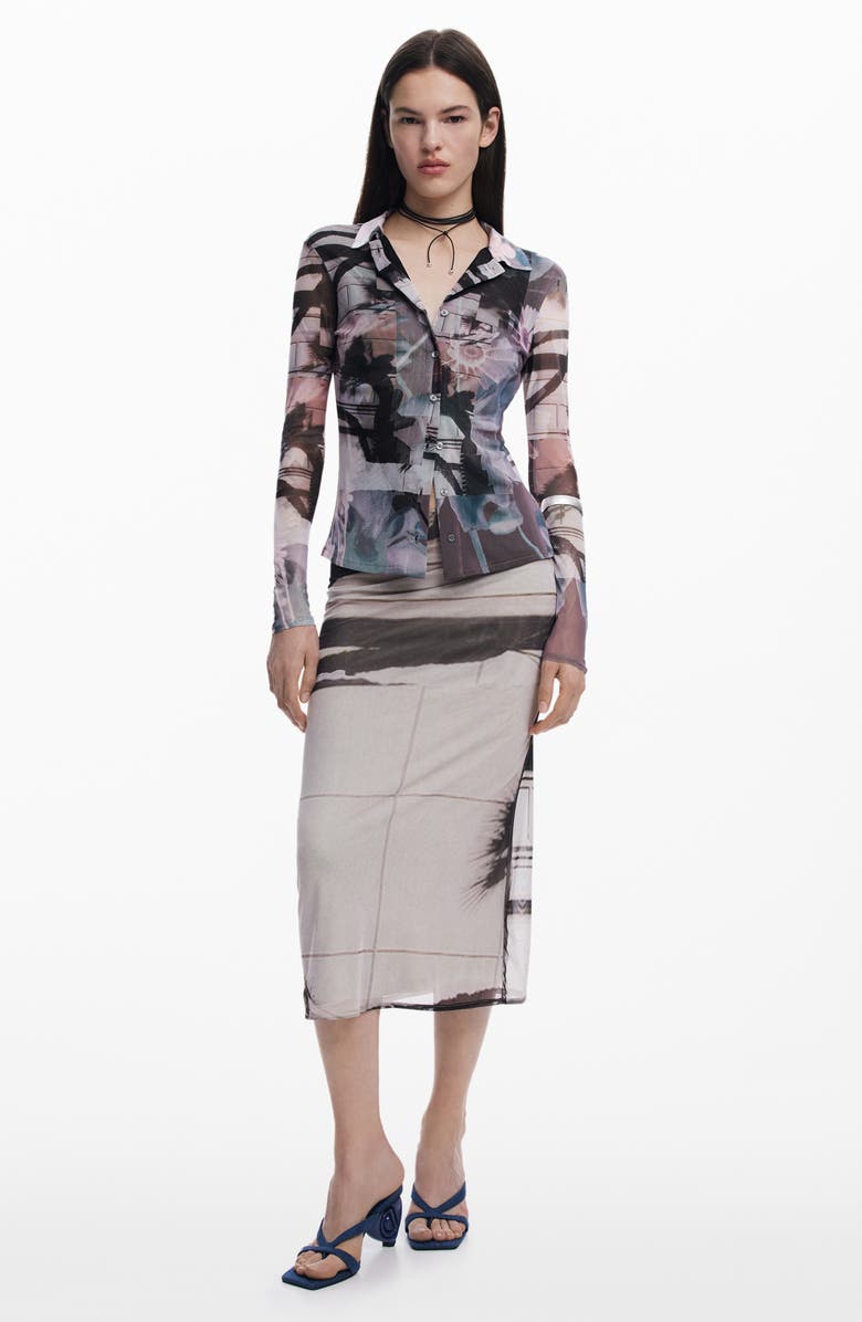 Desigual Abstract Print Mesh Button-Up Shirt, Alternate, color, Neutral Gray