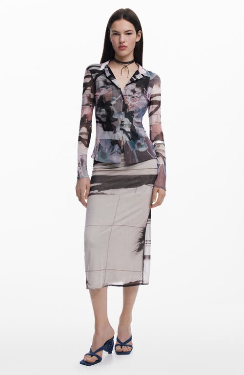 Desigual Abstract Print Mesh Button-up Shirt In Neutral Gray