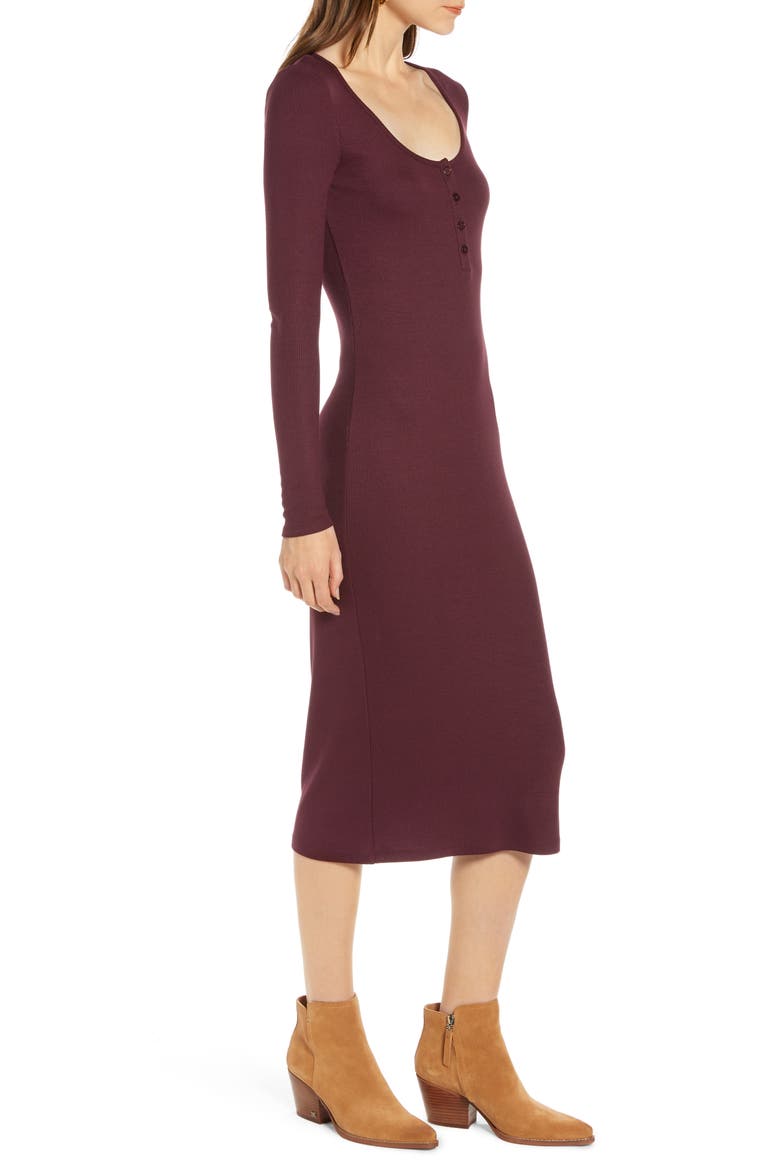 Ribbed Henley Midi Dress, Alternate, color, BURGUNDY STEM