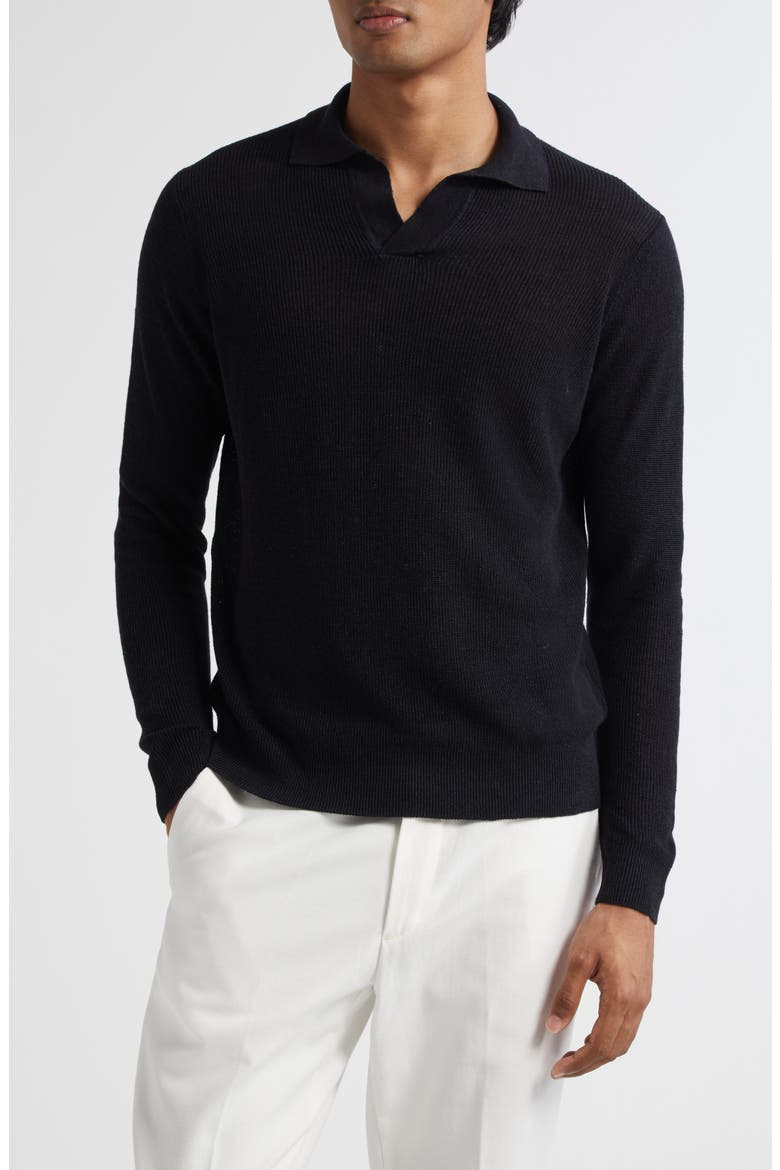 Skipper Long Sleeve Linen & Cotton Polo, Main, color, BLACK
