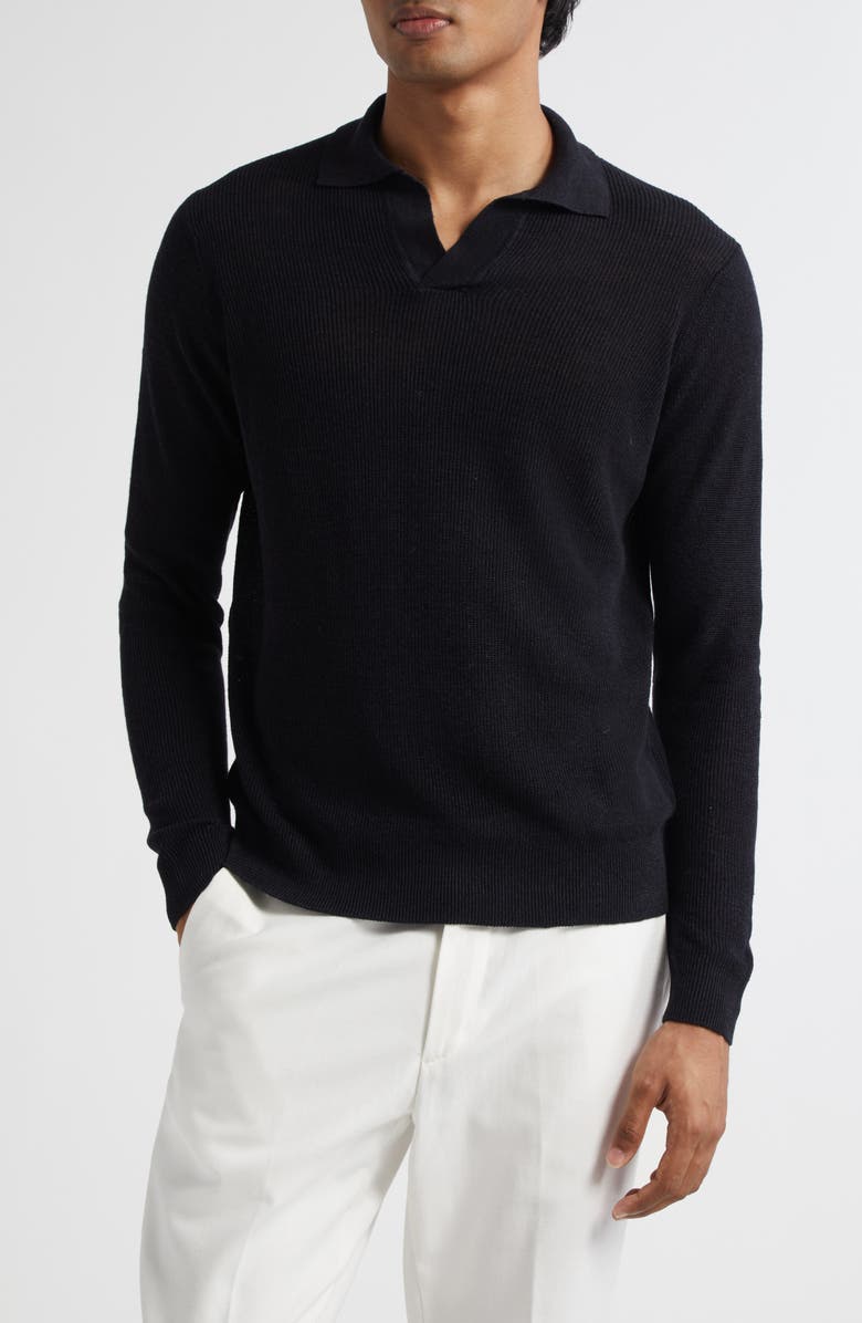 Thom Sweeney Skipper Long Sleeve Linen & Cotton Polo, Main, color, Black