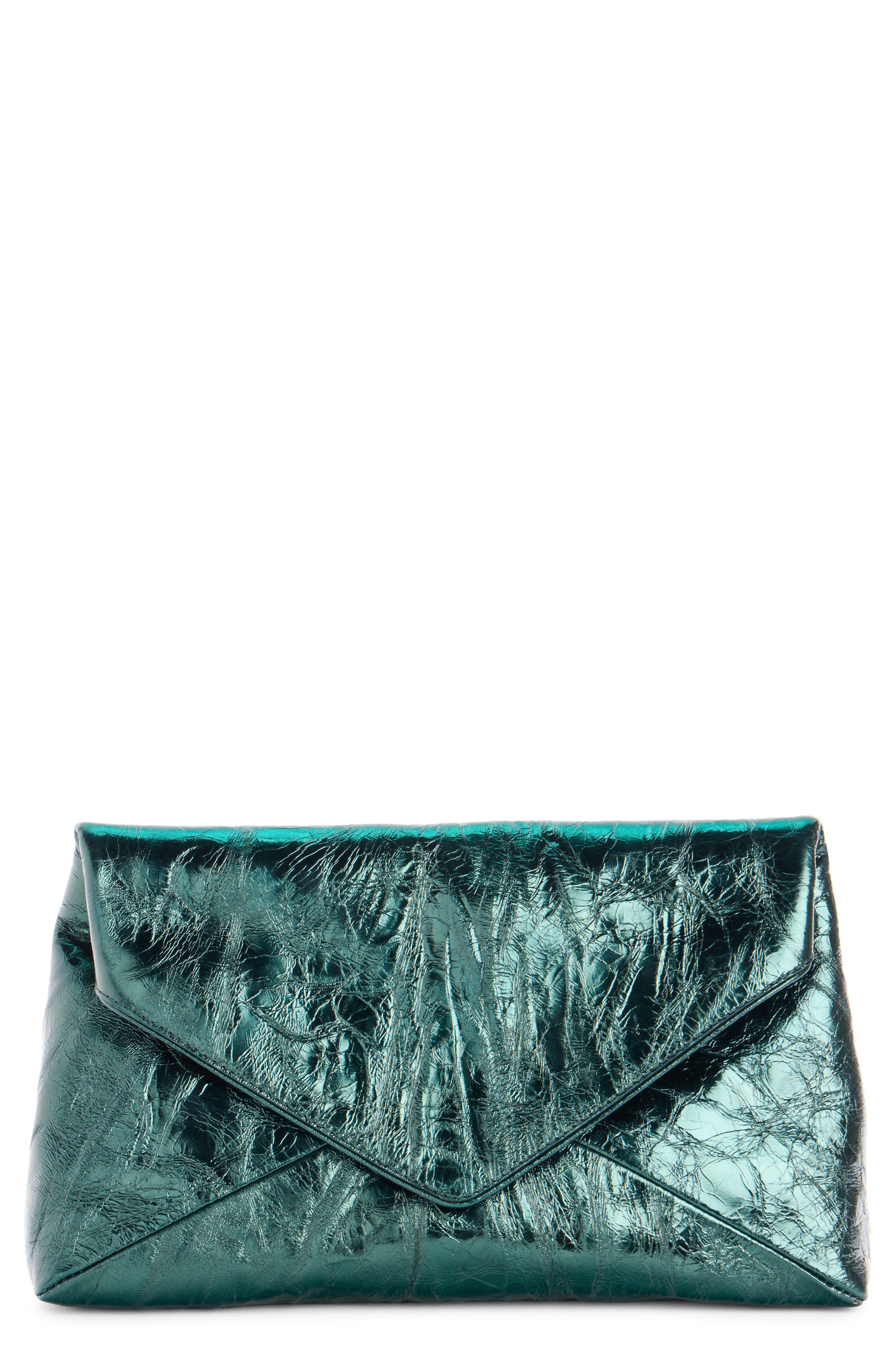 Metallic Lambskin Leather Envelope Clutch, Main, color, FOREST 610