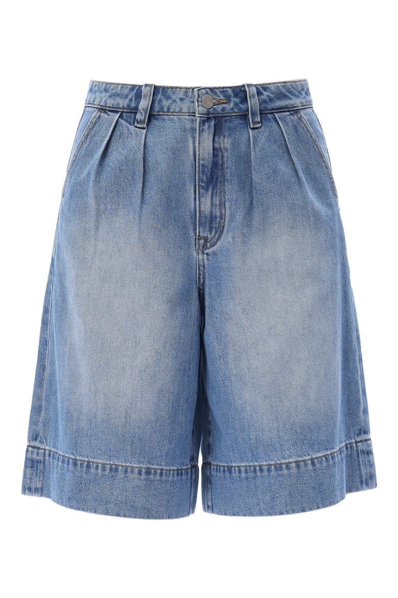 Pleated High Waist Denim Bermuda Shorts, Alternate, color, MEDIUM BLUE