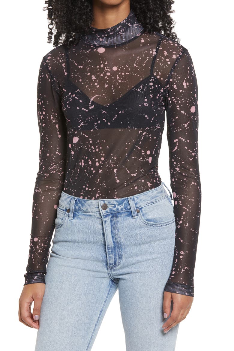 Pride Gender Inclusive Print Mesh Mock Neck Top, Main, color, BLACK- PINK PAINT SPRAY