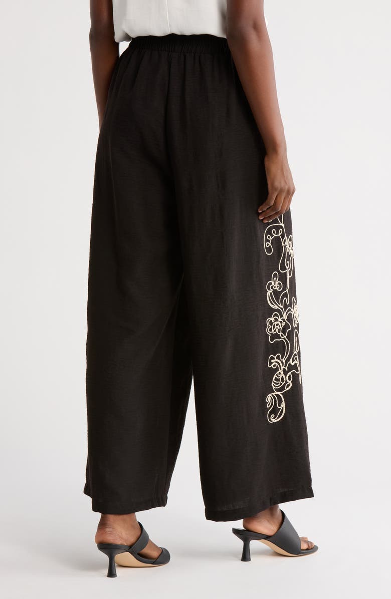Adrianna Papell Floral Embroidered Wide Leg Pull-On Pants, Alternate, color, Black/ Cream