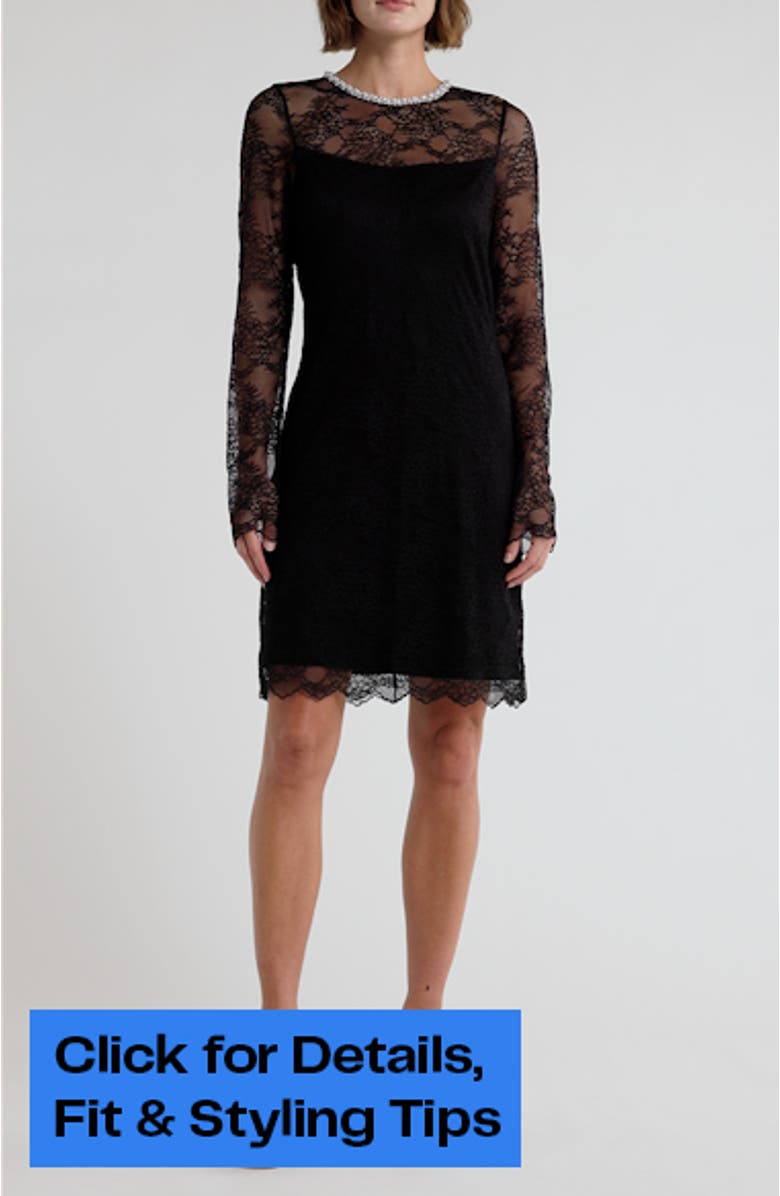 Delora Faux Pearl Embellished Long Sleeve Lace Dress, sales video thumbnail