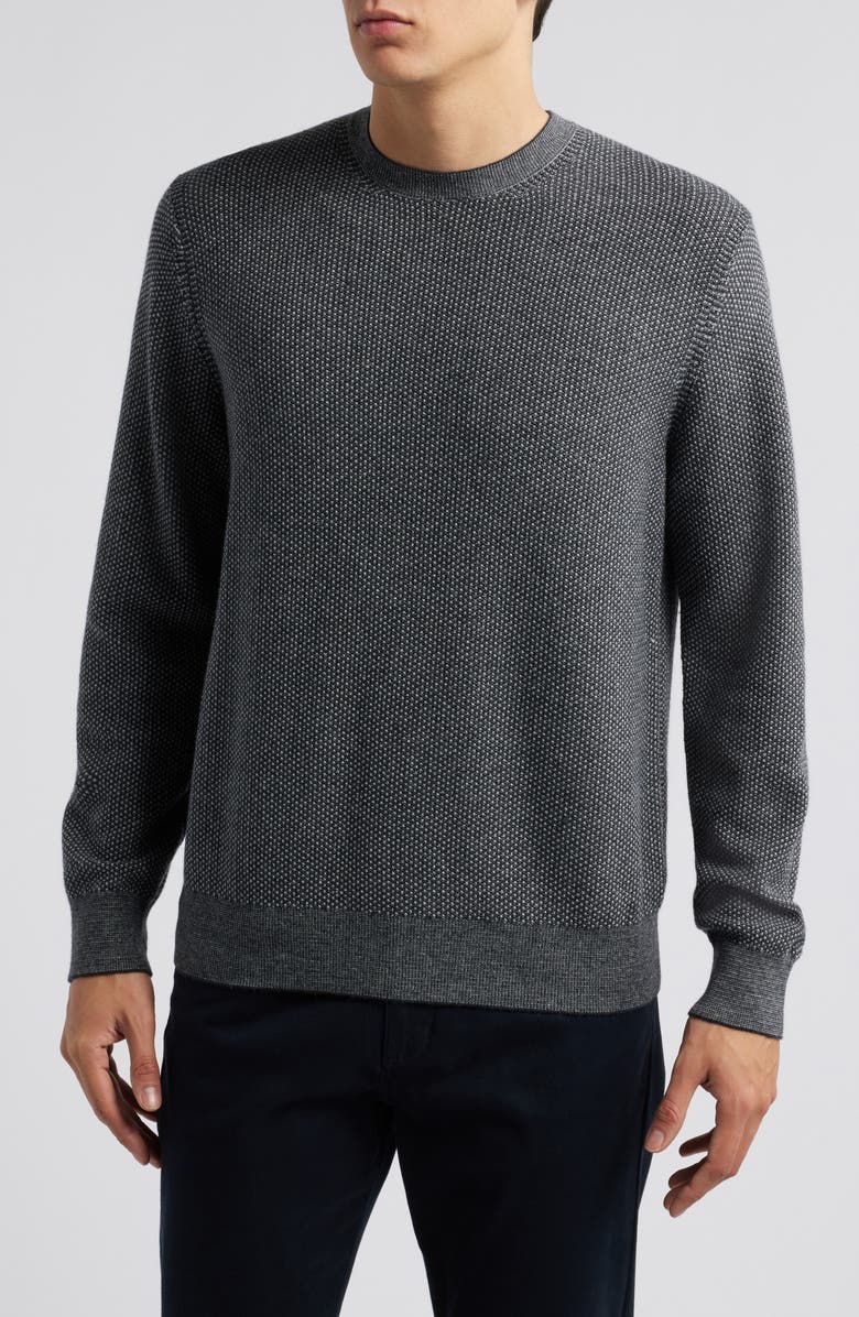 Vince Geometric Jacquard Wool & Cotton Blend Crewneck Sweater, Main, color, Heather Black/ Heather Grey
