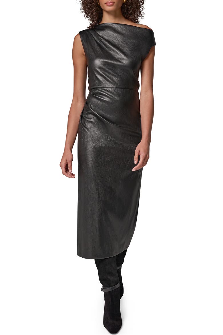 Asymmetric Drape Faux Leather Midi Dress, Main, color, BLACK