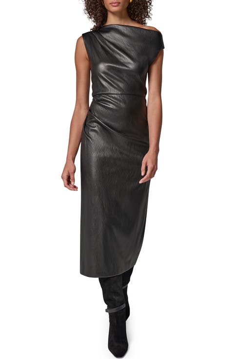 Asymmetric Drape Faux Leather Midi Dress