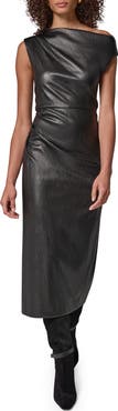 Donna Karan New York Asymmetric Drape Faux Leather Midi Dress