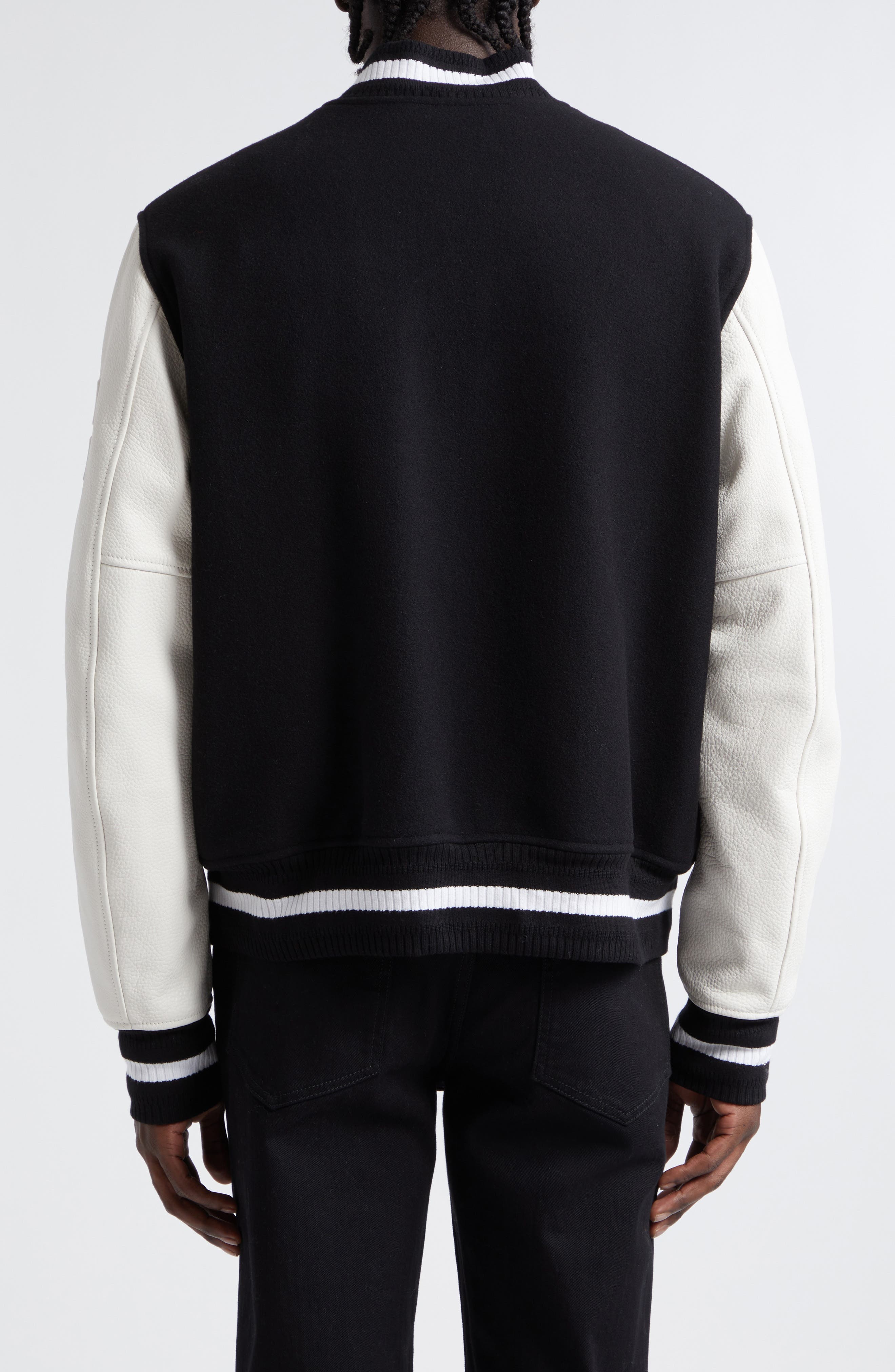 Embroidered Logo Mixed Media Leather & Wool Blend Varsity Jacket