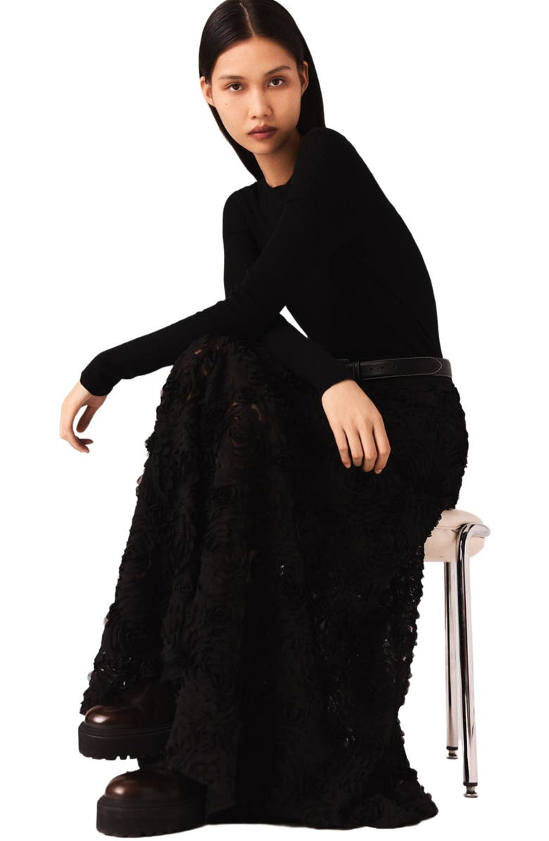 maje Long embroidered skirt, Alternate, color, Black