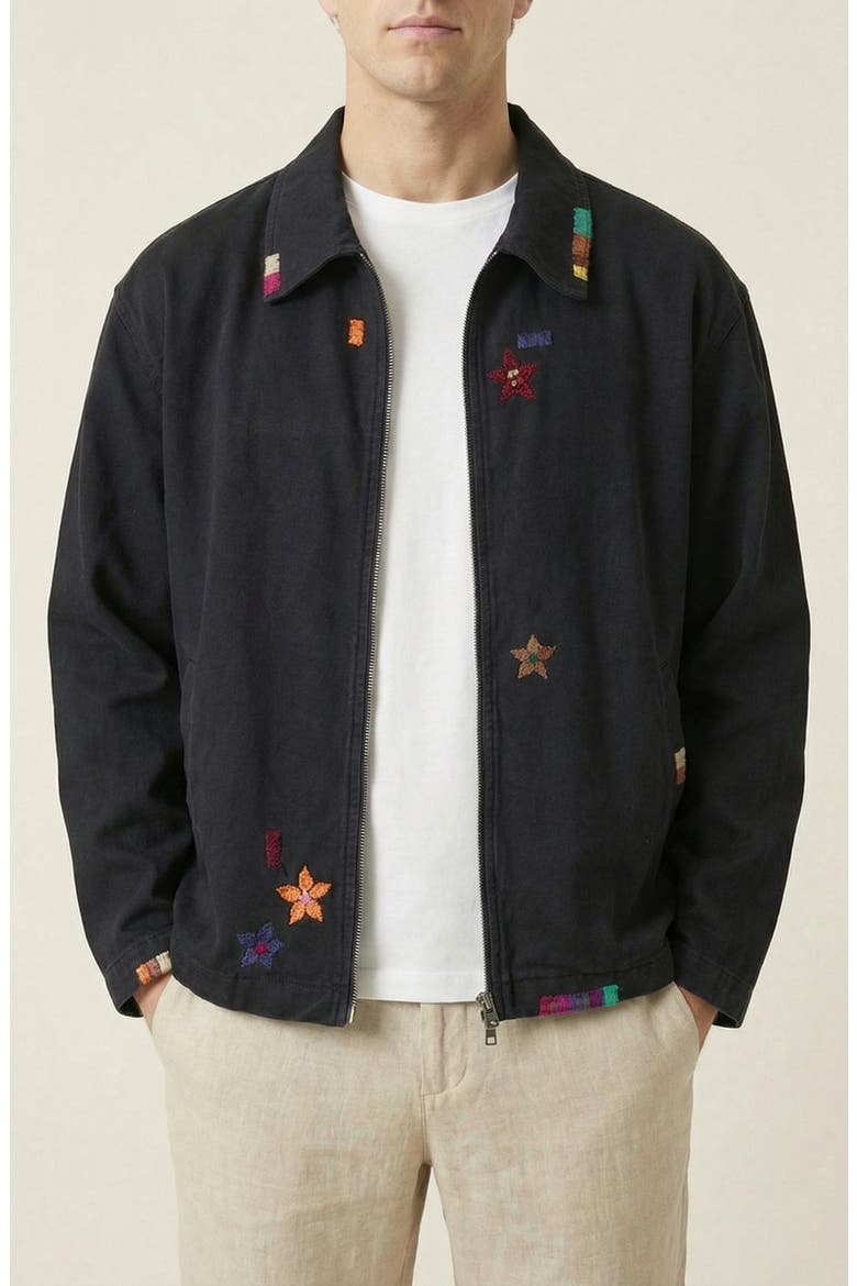 Embroidered Contrast Trim Zip Front Jacket, Alternate, color, Black