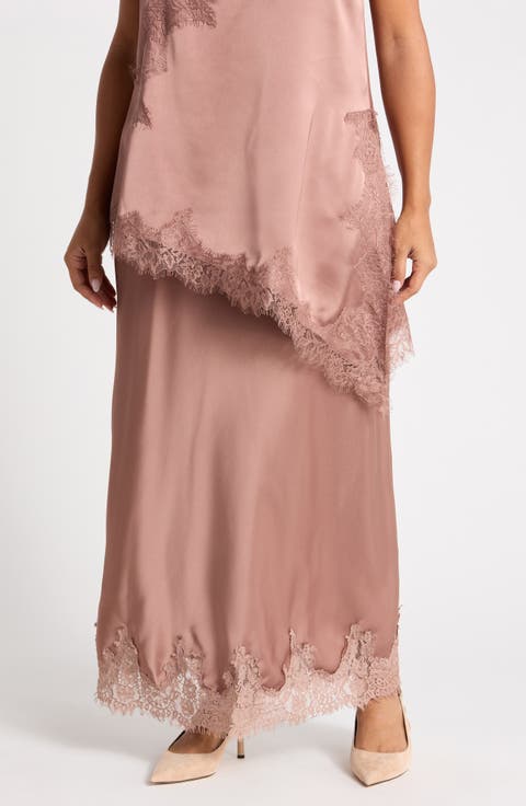 Lace Hem Satin Maxi Skirt