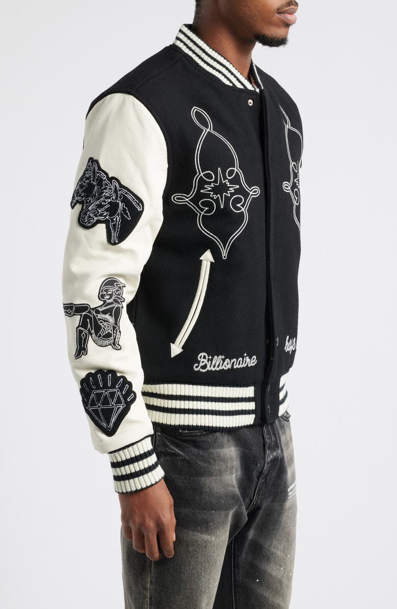 Billionaire Boys Club Gold Peak Wool & Leather Varsity Jacket, Alternate, color, Black