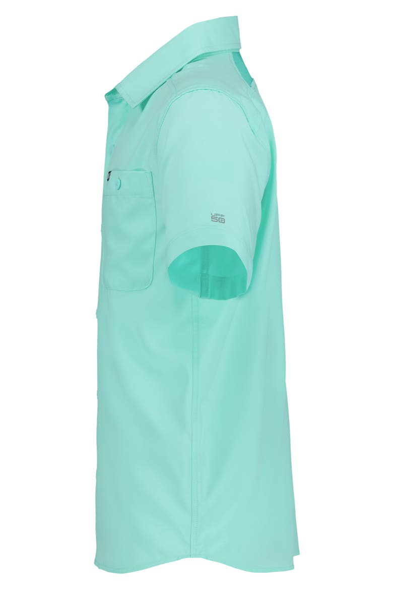 Kids' UA Drift Tide Fish Short Sleeve Performance Button-Up Shirt, Alternate, color, NEO TURQUOISE
