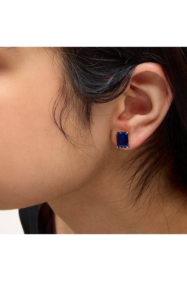 18K Yellow Gold 10x8 MM Lab Created Blue Sapphire Emerald Cut Solitaire Stud Earrings, Alternate, color, Yellow Gold