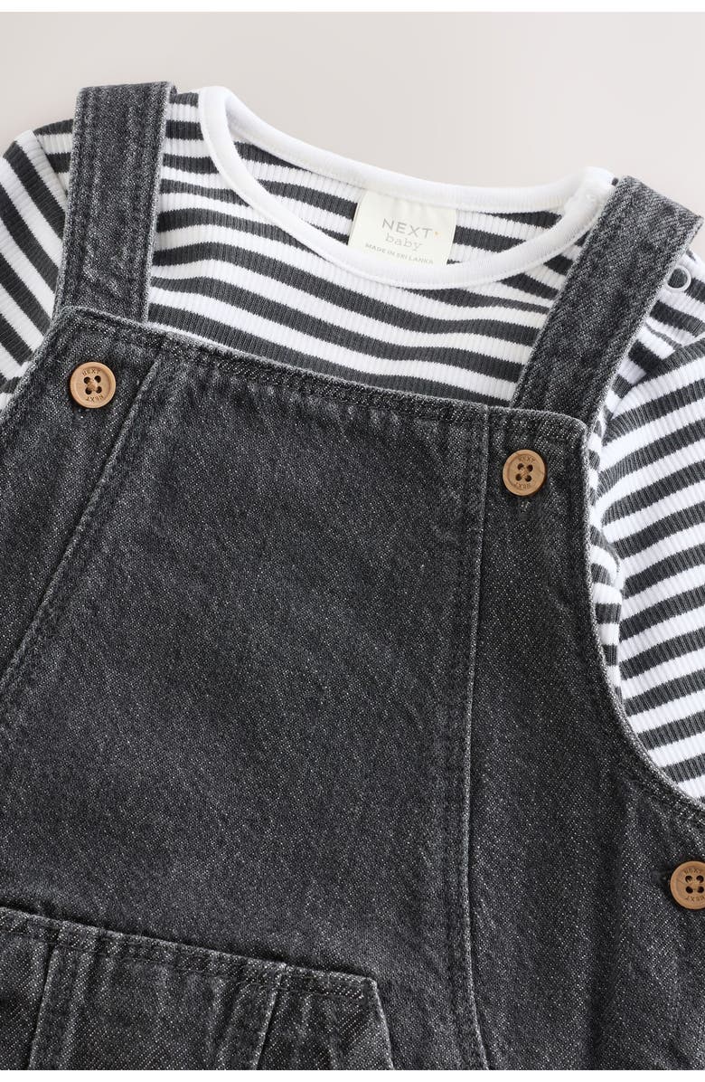 NEXT Stripe Long Sleeve T-Shirt & Denim Overalls Set, Alternate, color, Black