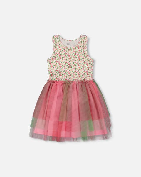 Little Girl's Bi-Material Cotton And Mesh Dress Small Flowers And Multicolored Gradient Skirt