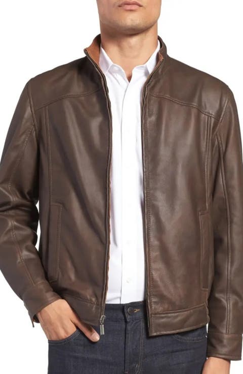 Contrast Trim Lambskin Leather Jacket