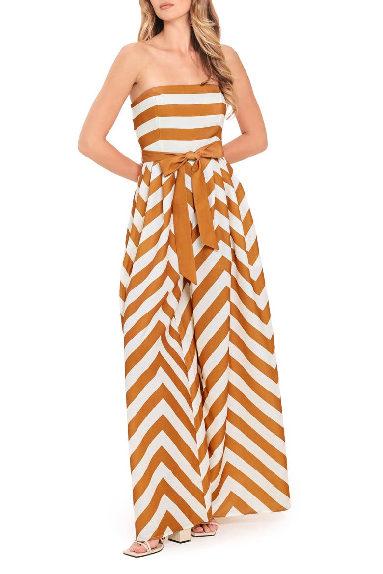 Printed Strapless Wide Leg Jumpsuit, Main, color, CAMEL STRIPE