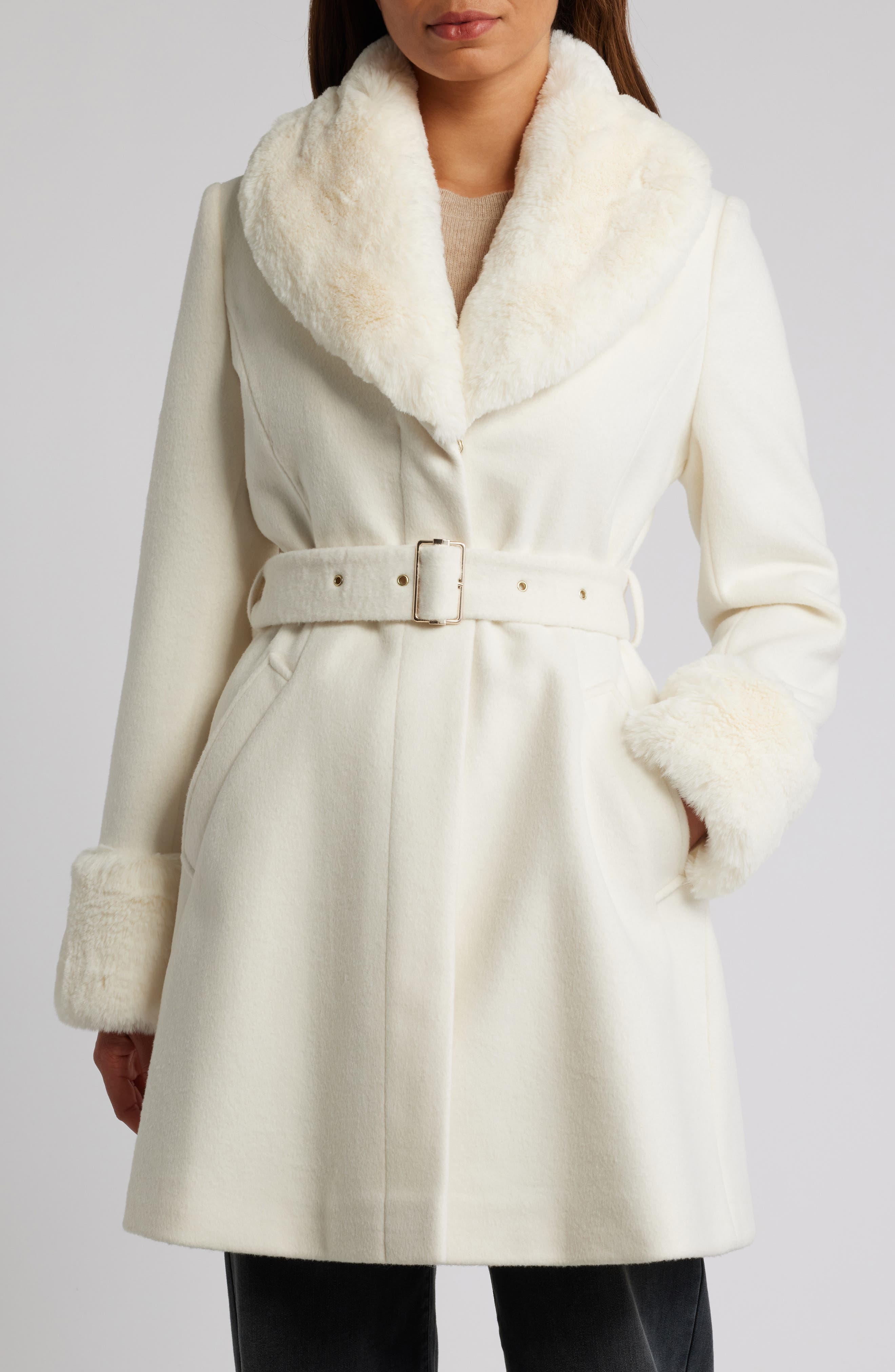 Belted Wool Blend Coat with Faux Fur Trim (Women) | Nordstrom